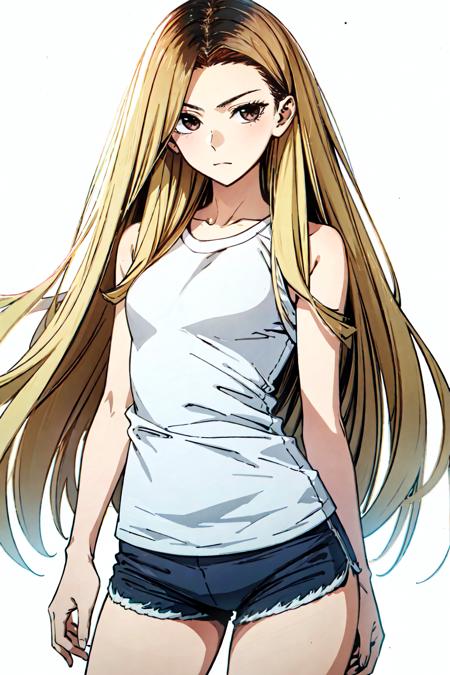 masterpiece, high quality cg, anime, illustration, best quality, 1girl, bound, bondage, beautiful face, detailed face, cowboy shot, Han Jia, 1girl, solo, long hair, blonde hair, simple background, shirt, white background, bare shoulders, brown eyes, collarbone, white shirt, short shorts, sleeveless, tank top, very small breast, bare legs, <lora:HanJia:.9>