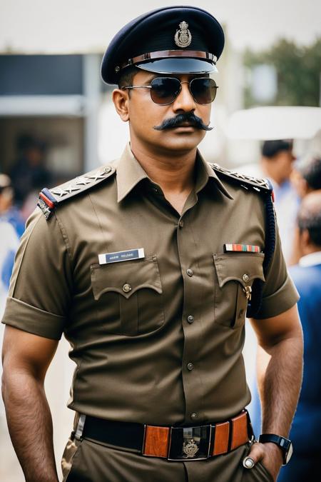 a stunning intricate full color photo, (1man:1.2), Indian police officer, wearing khaki uniform, black sunglasses, thick moustache (Indian_Police_Uniform:1) <lyco:Indian_Police_Uniform_V1:1.0> detailed skin, epic character composition, sharp focus, realistic light, subsurface scattering, f1.2, 35mm, film grain, analog style,  epiCRealism