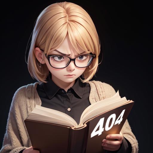 A cartoon woman reading a book with the number 404 on the spine.