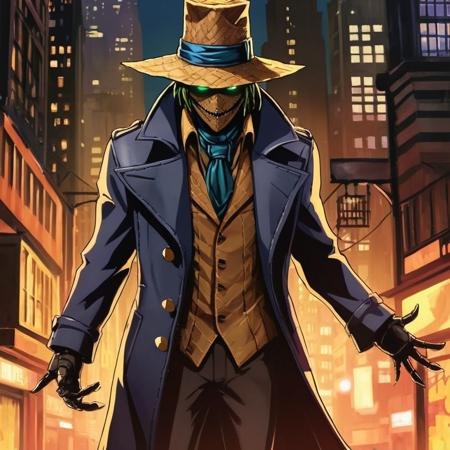 anime artwork of  <lora:Scarecrow:1.2>
Scarecrow a painting of a man with a hat and a long coat in Gotham city universe, anime style, key visual, vibrant, studio anime,  highly detailed