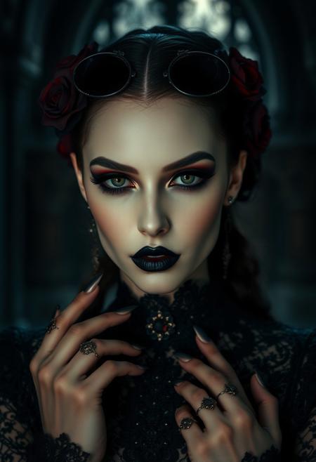 gothic makeup, dark elegance, (pale skin:1.3), black lipstick, heavy eyeliner, (overexposed:-1), deep shadows, intricate lace patterns, sharp features, (lowres:-1), (muted colors:-1), (dull:-1), dramatic contouring, intense black eyeshadow, dark glam, blood-red accents, (blurry:-1), (sharp focus), rich, deep blacks, crimson highlights, dark lace choker, heavy metallic jewelry, gothic fashion, (flat lighting:-1), high-definition, glowing pale skin, ultra-realistic, cinematic, dark eye makeup, (bad anatomy:-1.4), (high resolution:1.3), (subtle makeup:-1), vampire-inspired beauty, matte skin, ornate corset, dark roses, dramatic lighting, cathedral background, heavy piercings, (good anatomy:1.4), surreal beauty, glossy black nails, deep burgundy tones, moonlit glow, gothic horror, darkly seductive, Victorian gothic, velvet textures, (high-fashion gothic:1.2), nightmarish elegance, ethereal darkness, dramatic face, perfect porcelain skin, haunted allure, baroque elements, (over-the-top gothic styling:1.4), luxurious shadows, exaggerated smokey eyes, ultra-detailed lace
