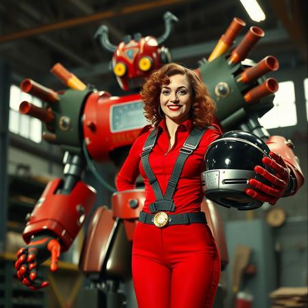 score_9, score_8_up, score_7_up, ArsMovieStill, movie still from a 1930s technicolor movie, a big colorfoul robot human form with multiple weapons on a big workshop background, a human woman pilot, 20 years old, smile, red curly hair, curvy, big ass, tight red pilot suit holding a space helmet