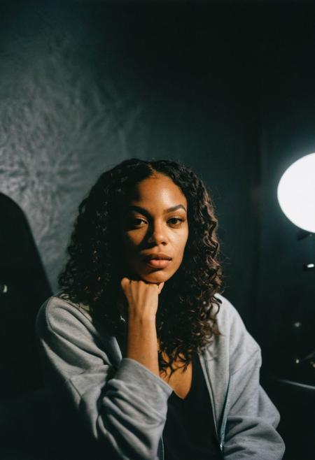 (gritty analog photo:1.2), candid (snapshot:1.2) of a sophisticated and cool 22-year-old biracial female hip-hop artist from Brooklyn sitting in a backstage room getting ready for her show, natural skin texture, realistic skin texture, (skin pores:0.8), (skin oils:0.8), (behind the scenes photography:1.2), documentary style photography, high contrast, deep shadows, hires, highly detailed, (film grain:1.2), the picture conveys effortless coolness, polaroid film photography