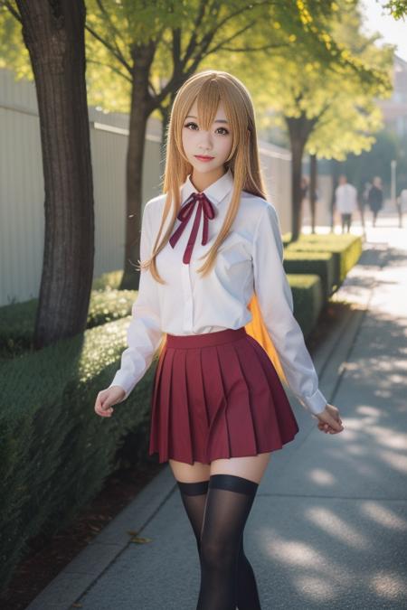 doma umaru, 1girl,cosplay, solo,school uniform,  very long hair, parted bangs,blonde hair, red neck ribbon,white collared shirt,long sleeves, red pleated skirt, black thighhighs, loafers,
