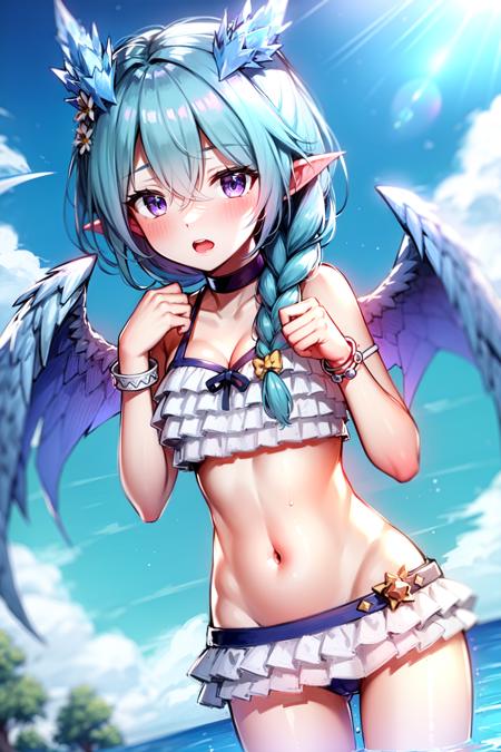 angel wings, feathered wings, white wings, wings, angel, 1girl, mini wings, halo, blue wings, single wing, swimsuit, day, blurry background, flower, cloud, blue sky, outdoors, sky, pink wings, blurry, bikini, solo, navel, purple eyes, pointy ears, demon wings, dragon wings, bracelet, open mouth, detached wings, white bikini, ocean, cloudy sky, bird wings, purple wings, choker, low wings, breasts, spread wings, braid, frilled bikini, tree, amane kanata, blush, multiple wings, hair between eyes