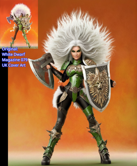 Photo-realistic high resolution 3D Render of simple white background, grimdark, big white haired female chaos warrior in green baroque chaos armor standing legs spread holding up a large bronze shield and a short serated battle axe <lora:Oldhammer:1>, black skintight studded leather leggings under spiked leg armor, horned pauldrons, demonic embossments., Cycles Render, ambient occlusion, subsurface safety valve
