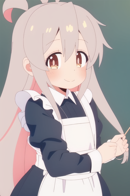 ((Maid dress)),1girl, solo, long hair, smile, brown eyes, long sleeves, closed mouth, genderswap,genderswap, bangs, blush,oyama mahiro, looking at viewer, hair between eyes, grey hair, light brown hair, green background, very long hair, <lora:aki:0.7>