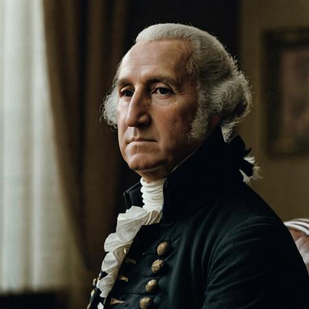 front shot, portrait photo of (George Washington), looks away, natural skin, skin moles, cozy interior, (cinematic, film grain:1.1)