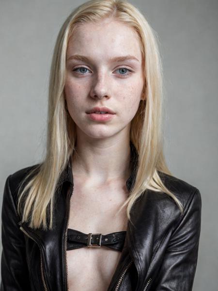 portrait of a pale 18 year old blonde model named Marie with bright eyes, black leather outfit, no makeup, natural, freckles, beauty spots, submissive expression, hard shadows, soft lighting, sharp focus, skin details