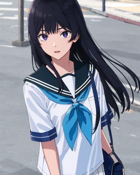 1girl, bag, bangs, black_hair, blue_neckerchief, blue_sailor_collar, blurry, blurry_background, blurry_foreground, closed_mouth, day, depth_of_field, handbag, holding_bag, kitauji_high_school_uniform, long_hair, looking_at_viewer, mole, mole_under_eye, neckerchief, outdoors, sailor_collar, school_bag, school_uniform, serafuku, shirt, short_sleeves, shoulder_bag, solo, upper_body, white_shirt <lora:chara_AnzuHanashiro:0.8>