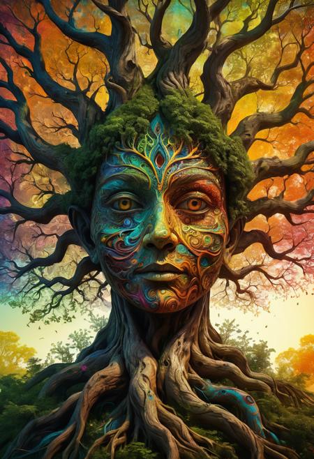 Intricate, detailed digital art of a large tree with a face, adorned with swirling patterns and vibrant colors, against a bright background