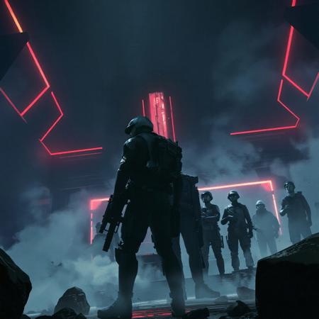 Art by Zhang Jing. A sci-fi digital illustration shoot from a low angle about a futuristic scene featuring a group of soldiers in a dimly lit industrial environment. the scene is set in a large, metallic structure with a high ceiling and glowing red lines. on the left side of the image, a lone soldier stands in the middle of the scene, wearing a helmet and holding a gun, facing away from the viewer. he appears to be in a battle-ready stance, with a determined expression on his face. to his right, another soldier stands behind him, holding a weapon in his hand. in the background, a few other soldiers can be seen, observing the scene. the overall atmosphere is intense and dramatic, with smoke and rocks surrounding the soldiers and a glowing red light illuminating the scene from behind.