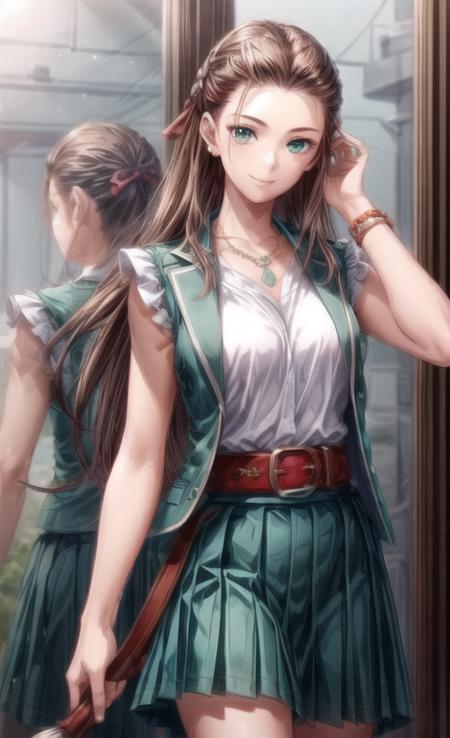 extremely detailed CG unity 8k wallpaper, realistic, (brush hair behind ear), push hair behind ears, mirror, mirror reflection, pose seductively, face the mirror
1girl, solo, long hair, brown hair, jewelry, weapon, smile, necklace, holding, red belt, ribbon, bracelet, green eyes, standing, hair ribbon, holding weapon, red ribbon, shirt, white shirt, (green pleated skirt:1.5), green vest, bare forehead, hair slicked back, petite, white ruffle short sleeve, green skirt <lora:add_detail:1.6>