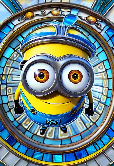 Stained glass illustration, ((novuschroma54 style)), Minion, Minion made of glass, Minion looking at viewer, selfie, arms out:2, smiling, MinionStyle, ultra-wide angle, 4mm fisheye, f1sh3y3,