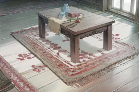 howlbgs, window, rug, table,  wooden floor, <lora:howlbgs:1>