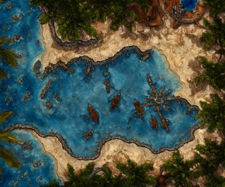 battlemap outdoor tropical island in sea, pirate bay