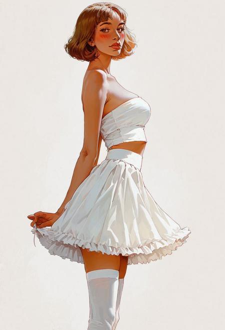 score_9, score_8_up, score_7_up, score_6_up, realistic, illustration, (coy, seductive:0.8), blush, looking at viewer, mouth closed, full lips, arched back, solo focus, beautiful girl,  beautiful face, blonde hair, pale, toned body, medium breasts, low-key lighting style, modeling, (red gingham strapless top, strapless top, red gingham skirt, white stockings:1.1), 1 leg up, (pinup, pinup pose:1.1), full-body shot, (from side:0.7), dynamic, (masterpiece:1.1), (best quality:1.1), high contrast, vibrant colors,