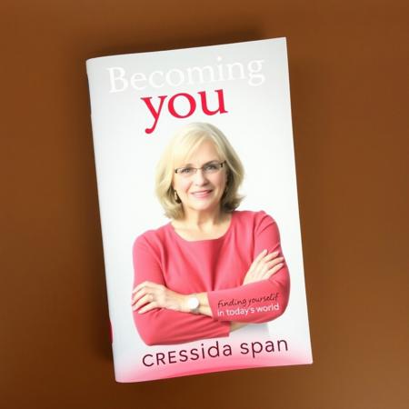A book cover for a self-help book.  The cover features a middle aged white woman with her arms crossed in a professional shot.  The title of the book is "Becoming you".  The subtitle is "Finding yourself in today's world".  The author is "Cressida Span".  There is a sticker on the book for 50% off.
