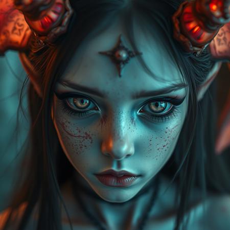 Ethereal demon girl, Reflective eyes capture unseen worlds. Hyper-detailed textures, surreal atmosphere