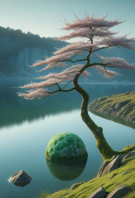 A lone, slender sakura tree perched on a rocky outcrop overlooking a serene lake. The tree is in full bloom, its delicate branches reaching towards the sky.  Use a low camera angle that emphasizes the height of the tree and the expanse of the lake.  The composition should utilize the rule of thirds, with the tree positioned off-center to the left.  A soft, diffused light illuminates the scene, creating a peaceful atmosphere.  The lake's surface is calm, reflecting the sakura tree and the soft colors of the sky.  A small, simple boat rests on the lake's surface.  Subtle ripples emanate from the boat, gently disturbing the reflection.  The rocky outcrop is covered in moss and small tufts of grass.  The background features a clear sky with subtle color gradations. A full moon hangs high in the sky, casting a gentle glow on the scene.  A flock of birds flies towards the moon, their silhouettes adding a sense of movement to the otherwise still image. A large, semi-transparent sphere floats in the air to the right, its surface reflecting the surrounding environment.  The sphere is partially obscured by a textured gray background, adding depth and mystery to the scene.
emeraldmorph