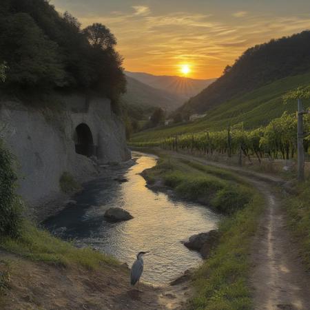 Claude Lorrain (golden hour), Vineyard on steep slate slopes, fox tracks in mud, clapper bridge over stream,grey heron stalking.,Art painting by Gustav Klimt and Takashi Murakami and Kay Sage, ,,
artstation trending, macro lens, volumetric light,
<lora:Illustration_Insanity:0.3>,
<lora:dreamshaperXL10_lora:0.7>,
<lora:extremely_detailed:0.3> extremely detailed,
<lora:DetailMaximizer:0.3>,, Surrealism art style, dreamlike and irrational imagery, explores the unconscious mind, juxtaposition of unlikely elements, challenges reality and logic