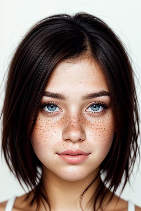 best quality, beautiful, 20 year old woman, black hair, (full face portrait:1.2), face portrait, detailed face, freckles, hyper realistic, (facing camera), (looking into the camera), studio portrait, natural lightning, perfect shadows, (white background:1.1)