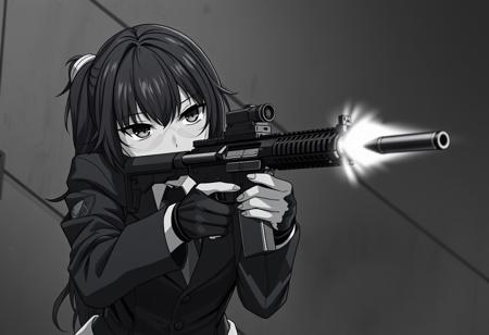 hyperrealistic black and white gritty in the real world photograph of a serious, not cutie, anime girl in a serious black suit holding and aiming an assault rifle, firing at enemy