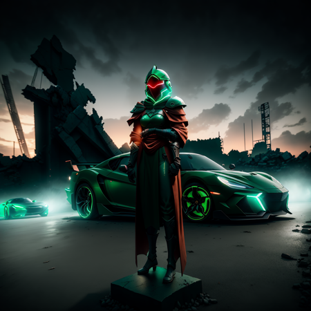 photo, RedCloak style, a statue of a person with a hood over their head, (Woman:1) in green Plate Armor wearing mask and Open face Helmet, standing in front of a cool sports cars Neon Underlights, ruins in background, Nighttime Sky <lora:djzJohnsonDesuV15-Zenkai-256:1>