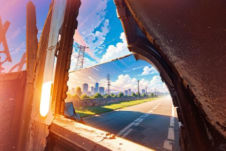 octans, no humans, scenery, cloud, sky, reflection, outdoors, sunset, signature, cloudy sky, sign, utility pole, building, power lines, road sign, blue sky, mirror, city, sun, cityscape, horizon, lens flare<lora:octans:1>