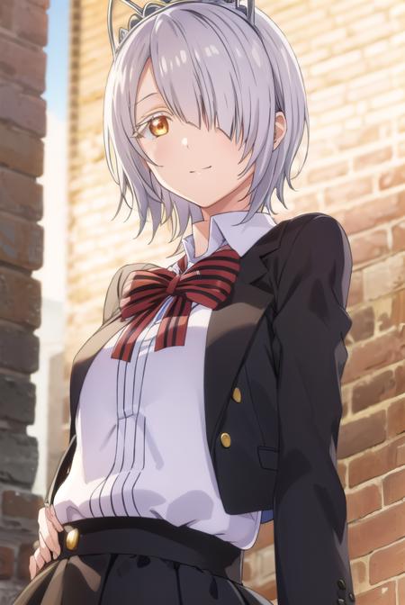 chartreuxwestia, <lora:chartreux westia s1-lora-nochekaiser:1>,
chartreux westia, short hair, bangs, (yellow eyes:1.3), grey hair, (hair over one eye:1.5), smile,
BREAK skirt, shirt, bow, school uniform, jacket, white shirt, striped, bowtie, black skirt, red bow, white jacket, tiara, striped bow,
BREAK indoors, classroom,
BREAK looking at viewer, (cowboy shot:1.5),
BREAK <lyco:GoodHands-beta2:1>, (masterpiece:1.2), best quality, high resolution, unity 8k wallpaper, (illustration:0.8), (beautiful detailed eyes:1.6), extremely detailed face, perfect lighting, extremely detailed CG, (perfect hands, perfect anatomy),