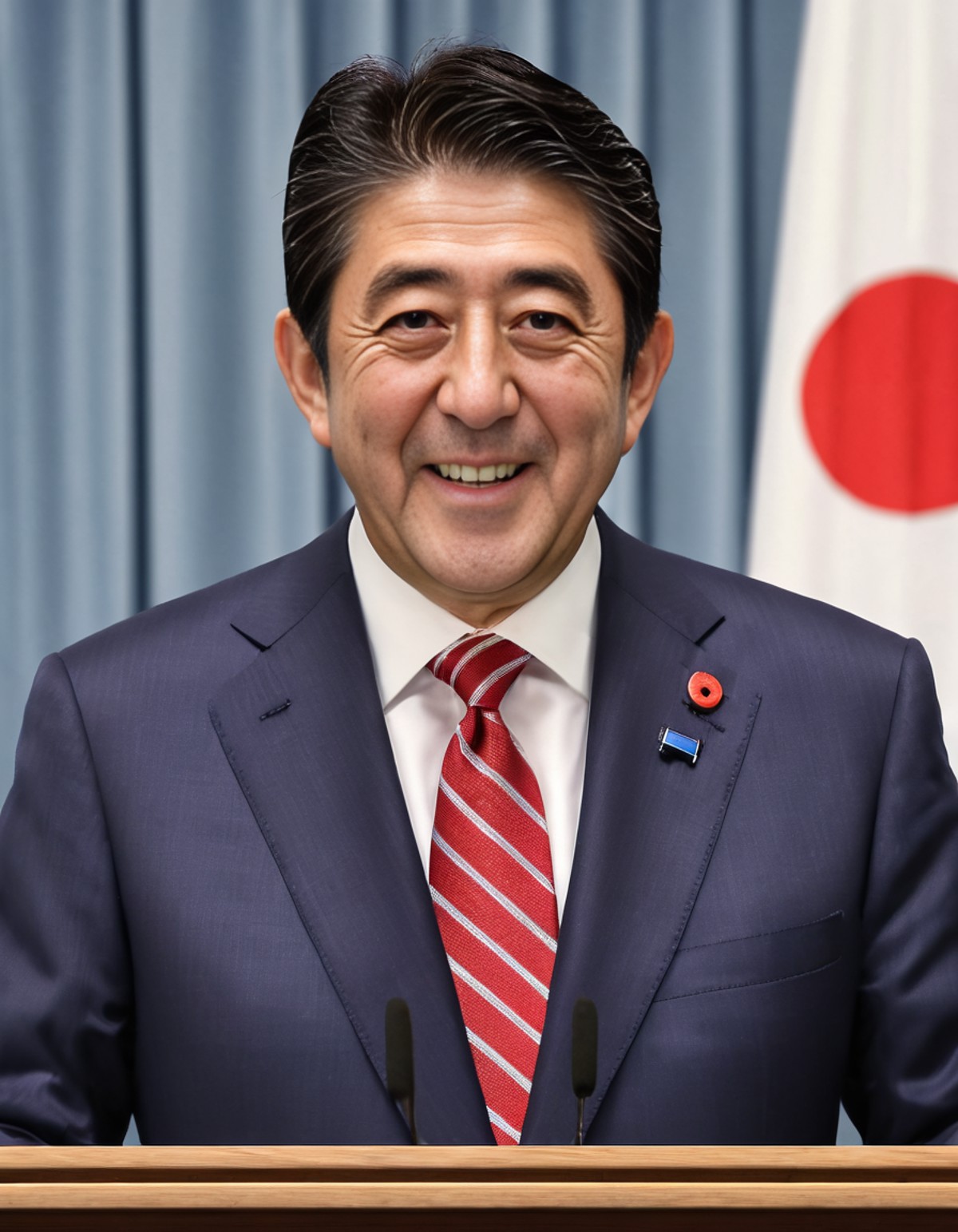 Shinzo Abe is addressing in the Diet, (smile:1.05), (Japanese flag:1.1), Hinomaru, wearing suit and necktie, speech, (High...