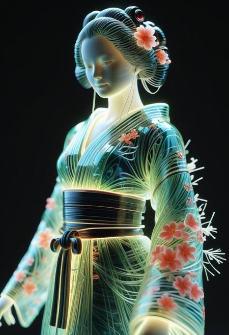 <lora:World_of_Glass_Filament:0.6> made of, tiny neon (glass:1.1) filaments, w0gf1l, Android, geisha, with robotic parts, in flowery kimono, Intricate details, 8 k, cinematic <lora:sss:0.8> subsurface scattering, sss <lora:envyStarlight_v10:0.8>