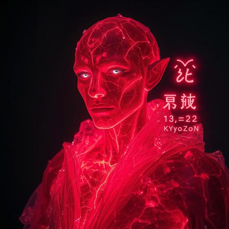 A captivating hyper-realistic close-up of a male Archaea character, whose body radiates a mesmerizing red/lava bioluminescence, setting him apart as a masterpiece of evolutionary art. His skin, translucent yet imbued with a neon vibrancy, reveals intricate networks of glowing veins that pulse with the vitality of a supernova. Adorning his form is a shattered glass-like robe, each fragment emitting a soft bioluminescent light, creating an ethereal aura around him. Over this delicate garb, he wears the unmistakable 1st zodiac Capricorn armor, its neon rea garnet hue shimmering in stark contrast to the surrounding darkness. The red neon Bioluminescence Capricorn armor, also translucent, allows the viewer to glimpse the powerful musculature beneath, further highlighting the fusion of organic and cosmic elements. His eyes, windows to an ancient soul, are a piercing neon blue, hinting at the depth of his wisdom and the 32,000-year history etched into his very being. The archaea's abilities are proudly displayed on a detailed character sheet floating beside him, listing fifteen unique supernova base powers that speak of his dominion over the universe's most fiery events. The Kyōzon insignia, in bold neon garnet letters, declares his name and status as an archaeal being of immense power. The masterpiece, rendered in a stunning 32k resolution, invites the viewer to gaze upon the intricacies of his hyper-realistic skin, each follicle and pore a testament to his alien beauty.