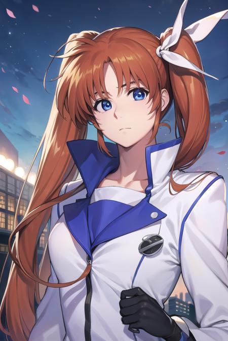 nanohatakamachi, <lora:nanohatakamachi-lora-nochekaiser:1>,
nanoha takamachi, (takamachi nanoha:1.5), long hair, blue eyes, brown hair, hair ribbon, (side ponytail:1.5), white ribbon,
BREAK magical girl, jacket, collar, puffy sleeves, long sleeves, white jacket,
BREAK looking at viewer, full body, upper body,
BREAK outdoors, city, sky,
BREAK <lyco:GoodHands-beta2:1>, (masterpiece:1.2), best quality, high resolution, unity 8k wallpaper, (illustration:0.8), (beautiful detailed eyes:1.6), extremely detailed face, perfect lighting, extremely detailed CG, (perfect hands, perfect anatomy),