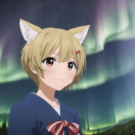 <lora:akebi:1>, akebi,  

 a large body of water with a sky full of stars and a green aurora bore in the background and a few clouds, animal ears, blonde hair, fox ears, hair ornament, hair ribbon, hairclip, japanese clothes, kemonomimi mode, leaf, looking at viewer, lying, on side, red eyes, ribbon, short hair, smile, solo