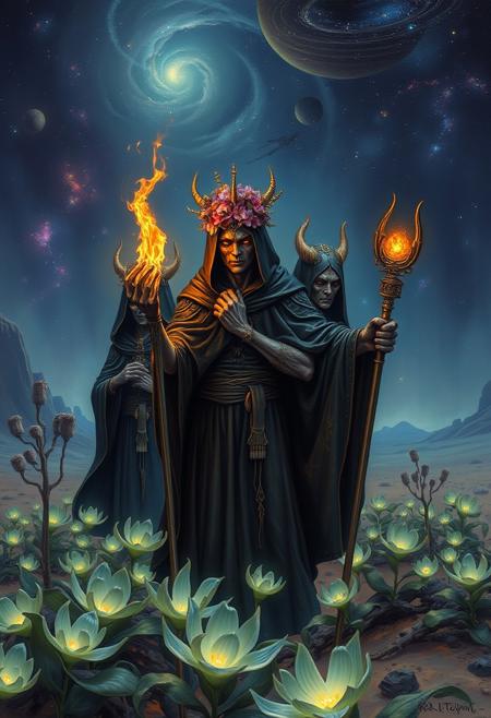 style of Ted Nasmith,
Oil painting, by Jean-Franois Millet, by Gustave Courbet, by Jules Breton, traditional media, oil painting, famous artwork by (karl kopinski:1.2), fantasy style,thumbs,(ghost),
On a desolate alien planet, a techno cultist clad in dark, crown of flowers, (fire staff on hand), shimmering robes tend to a garden of bioluminescent plants, their demonic features illuminated by the eerie glow, the night sky filled with swirling nebulae,
realistic,
dark fantasy, masterpiece, highly detailed, ever quest, old school rpg,
, masterpiece,,