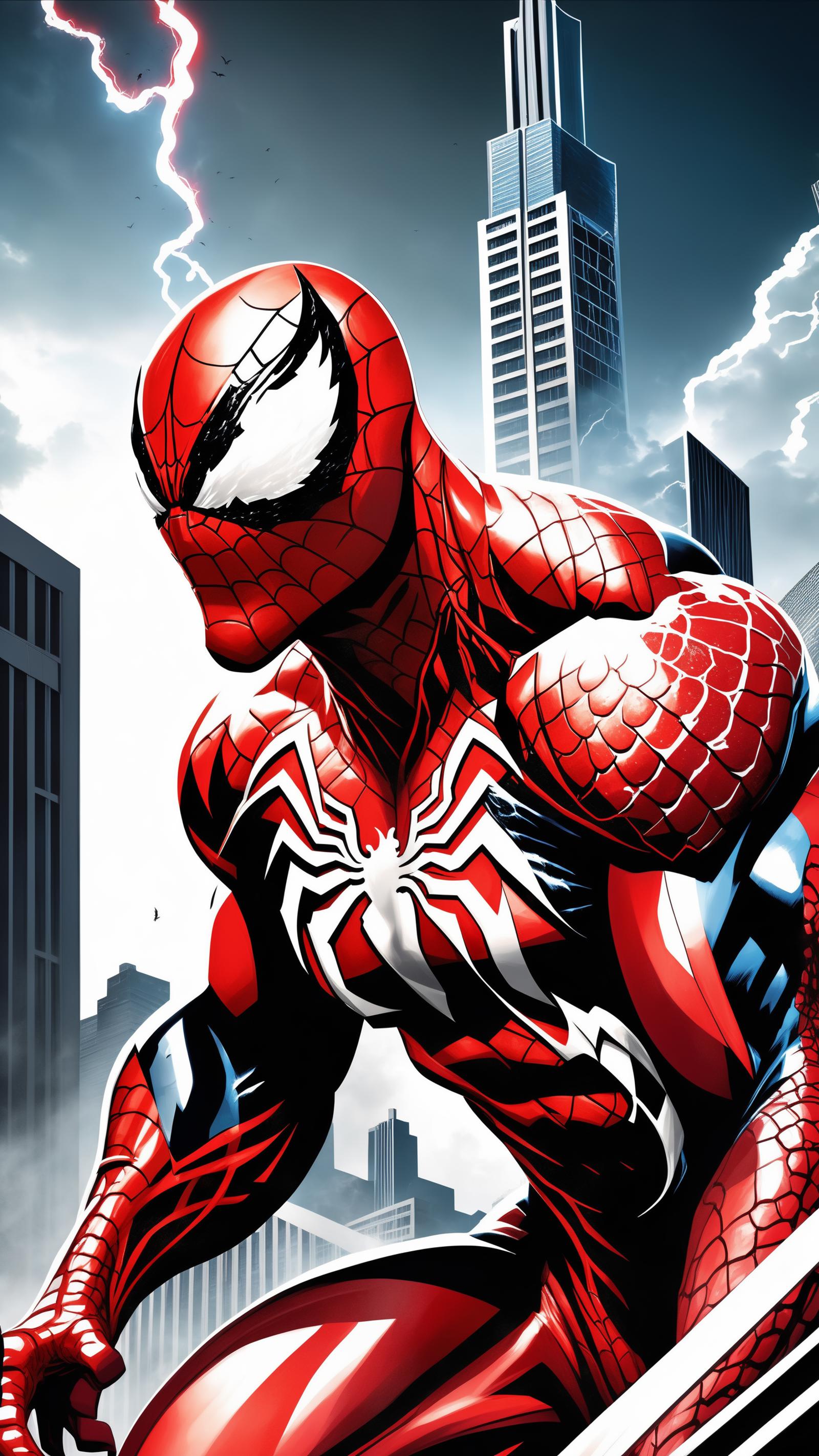 Spider-Man in a Red and Black Costume with Webs on His Chest.