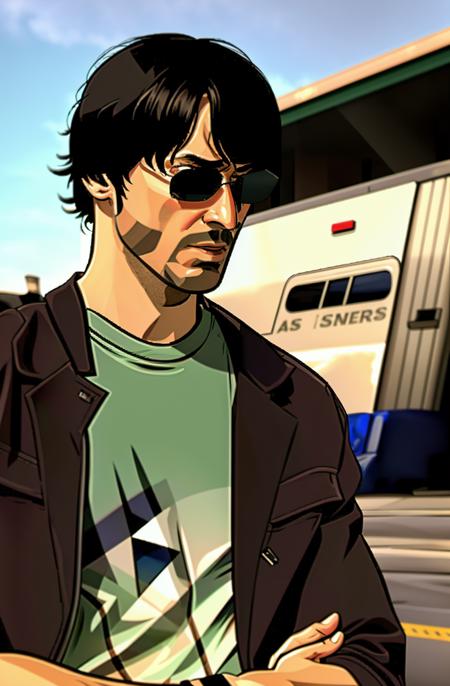 Bob_Arctor talking with James_Barris , short hair, shirt, black hair, hat, jacket, closed eyes, upper body, male focus, multiple boys, glasses, 2boys, facial hair, parody, crossed arms, sunglasses, baseball cap, brown jacket, green shirt, scene reference