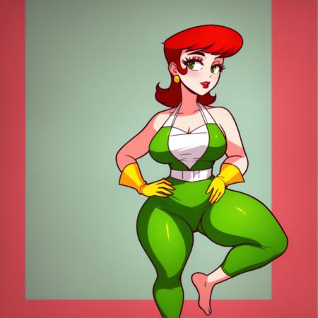 1girl, solo, beautiful, lipstick, makeup, mascara, red hair, yellow gloves, green pants, white apron, green shirt, barefoot, earrings, curvy, thick thighs, dextersmom, <lora:dextersmom5:1>,