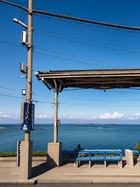 masterpiece, best quality, ultra-detailed, illustration,
shimonadaeki, outdoors, sky, scenery, ocean, horizon, power lines, cloud, blue sky, sunset, utility pole,  train station
 <lora:shimonadaeki:1>