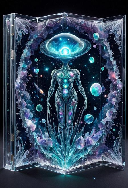 best quality, masterpiece, high resolution, intricate detailed, CosmicStyle, magical alien made of fluorite mineral space gems, iridescent, translucent, see-through, transparent folio, surreal, cosmic background, celestial, galaxy, nebula, double perspective CosmicStyle