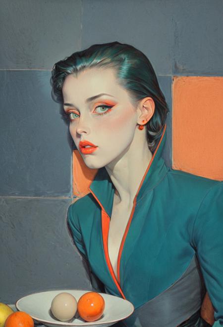 This image is a color pencil drawing in a modernist style, centered around sharp angles and exaggerated proportions. A stylized woman is positioned in the lower right, wearing a structured jacket of alternating blocks of emerald green and scarlet red. Her lips are vivid tangerine, and her eyes—rendered as minimal almond slits—stare outward with an enigmatic calm.
Perched above her shoulder is a brightly plumed bird in geometric yellows and blues. The background is partitioned into large slabs of ochre, turquoise, and muted charcoal gray, layered to create a heavy, dense atmosphere. A small plate of fruit—simple spheres of muted peach and blue—rests at the bottom left corner. The bold color blocking and heavy shading give the scene a strong visual rhythm.