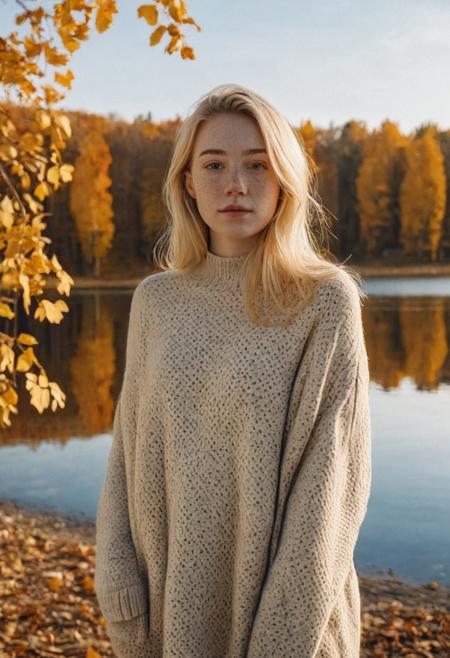 A portrait of a blonde girl, standing in front of a huge Lake in autumn, warm clothes, Falling leaves, freckles, pale skin, realistic, photo, golden hour