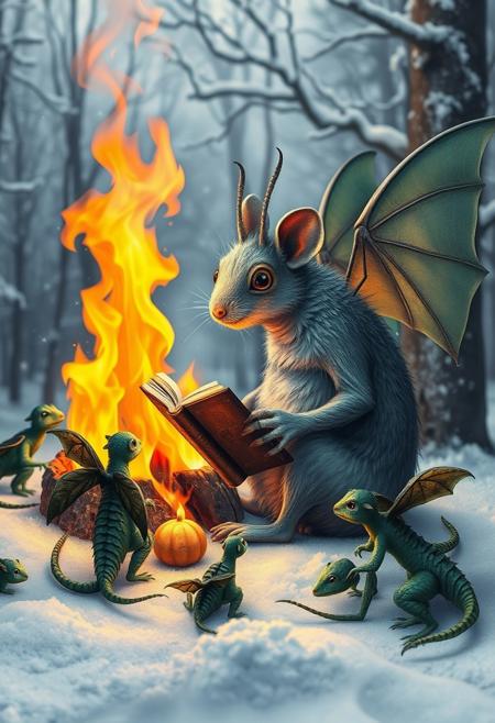 big half -rat half-fly  creature with transparent wings low on the body, grey antennae and chubby neck  and chubby silhouette sitting nearby  a  big campfire and reading an only one huge old book of fairy tales, sitting with a group of little green dragons with dark green wings seen under an electron scanning microscope, with details, snow, snowy, winter forest, vivid colors