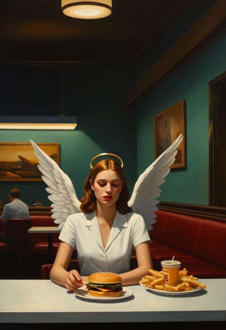 a (female angel with floating halo:1.5) eating a hamburger in hamburger shop,
deep shadows enhancing mysterious atmosphere, long shot, dim light, (oil painting:1.5), in (abstract art:2.0) style, (by edward hopper:1.4),  directional lighting, masterpiece, perfect composition, abstract glitch, long shot, masterpiece,best quality,very aesthetic, absurdres,