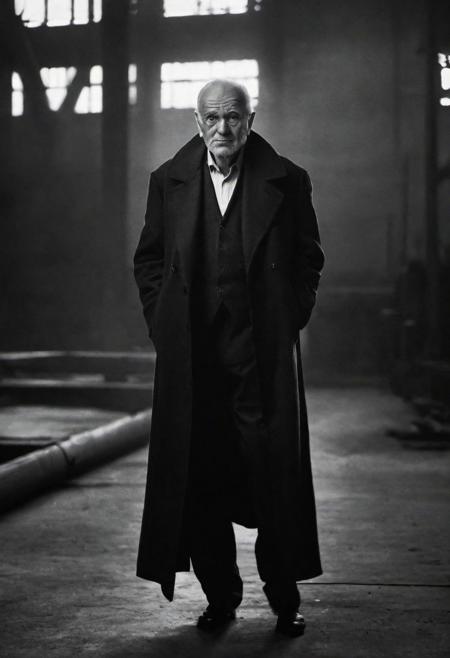 tyson_dayley <lora:tyson_dayley-08:0.75> , urban gritty location, posing in an industrial setting with steel beams,  old man, natural lighting, dramatic directional lighting, bold confident mood, black and white Peter Lindbergh photography