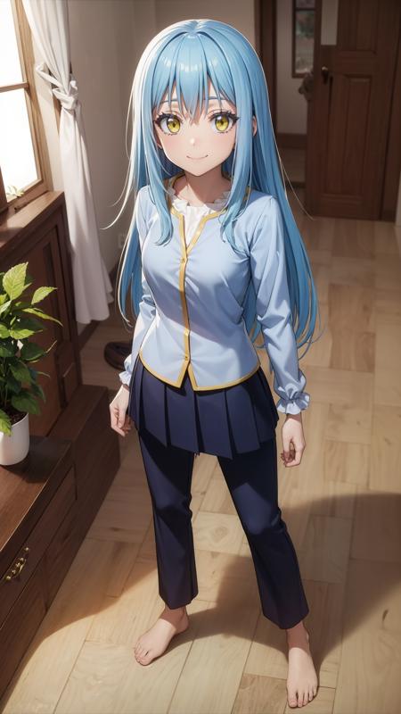 (masterpiece,  best quality),  ray tracing,  absurdres,  HDR,rimuru tempest, coleus,1girl, long hair,light blue hair,  , yellow eyes,  breasts,, long sleeves, standing , , indoors, closed mouth,living room, bangs, pants, solo focus, straight hair,short skirt,,looning at viewer,bare legs,barefoot,smile,<lora:rimuru coleus_v3:0.7>