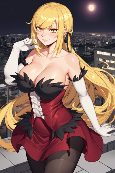 1girl, solo, kiss-shot acerola-orion heart-under-blade, very long hair, blonde hair, hair ribbon, yellow eyes, red dress, cleavage, white gloves, elbow gloves, black pantyhose, large breasts, standing, looking at viewer, smirk, city, night
<lora:char-kiss-shot:1>
<lora:artist-nezulet:0.7>
<lora:artist-csrb:0.4>