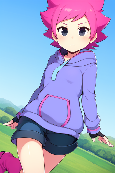 Kumatora, pink hair, black eyes, hoodie, blue hoodie, short hair, tomboy, pink boots, spats, fingerless gloves, thigh, outdoors