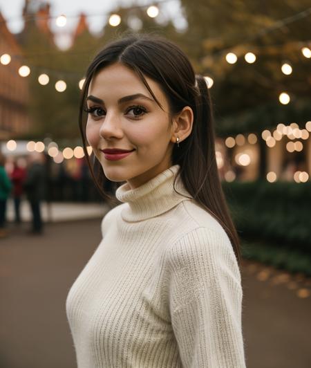 photo of v1cj7 , RAW, Christmas environment, Spectacular light, Christmas decorations, Festive, Christmas sweater Turtleneck, Colorful flowering, 8k, soft lighting, high quality, film grain, Olympus OM1 sharp focus, f 3.4, (eyeliner), (seductive pose), breast, Christmas theme, upper body, smile